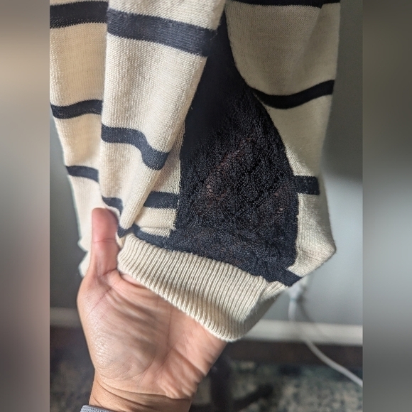 Loft Tan and Black Striped Blouse with Lace Detail - Picture 7 of 9